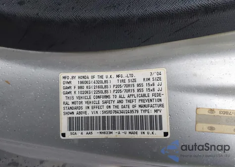 2004 Honda Cr-V Lx z USA, uszkodzony, nr VIN SHSRD78434U249579